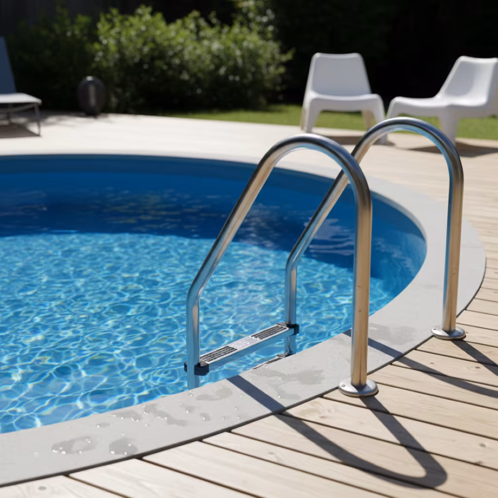 Aerial view of a white oval pool in a green garden