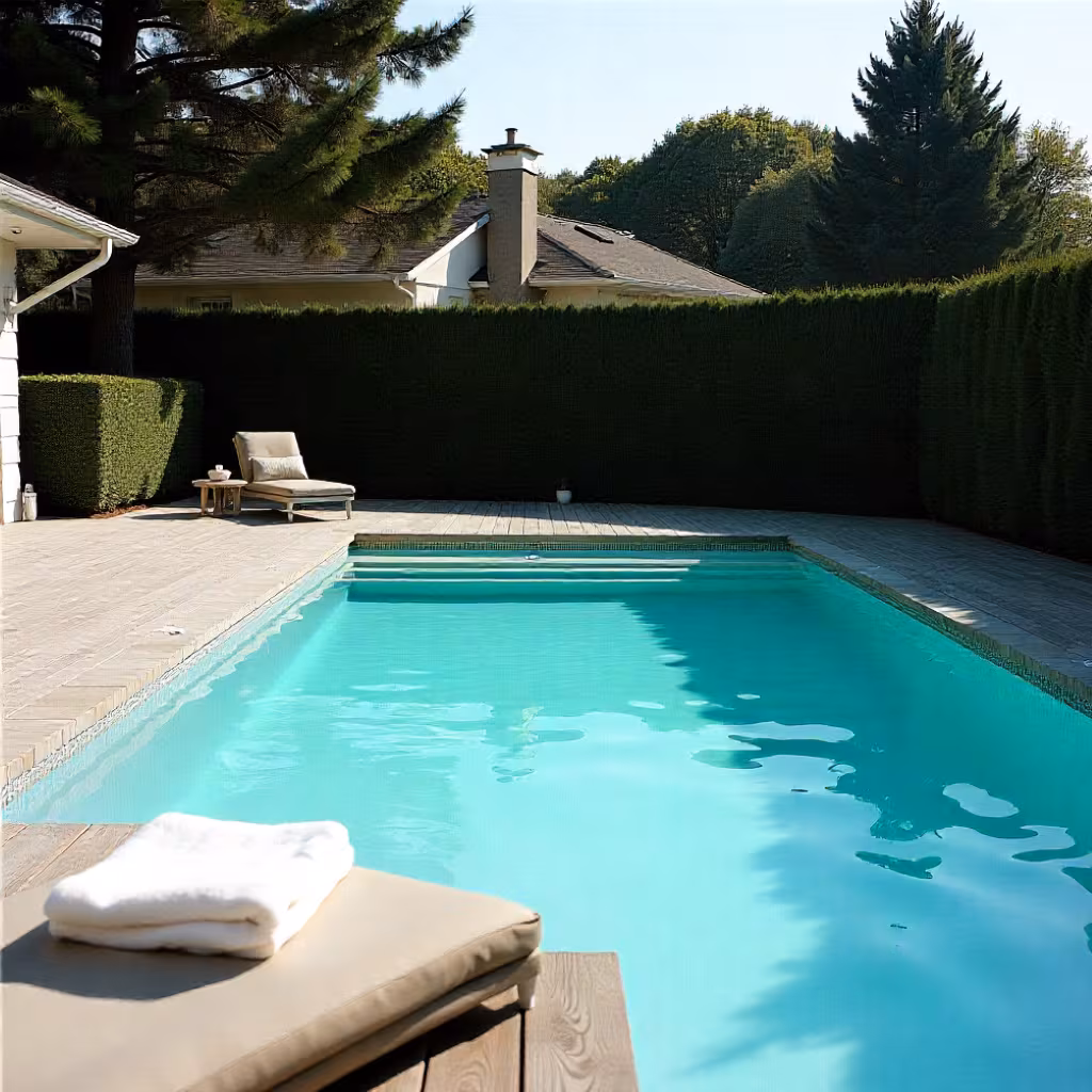 Spacious pool with wooden deck and house view