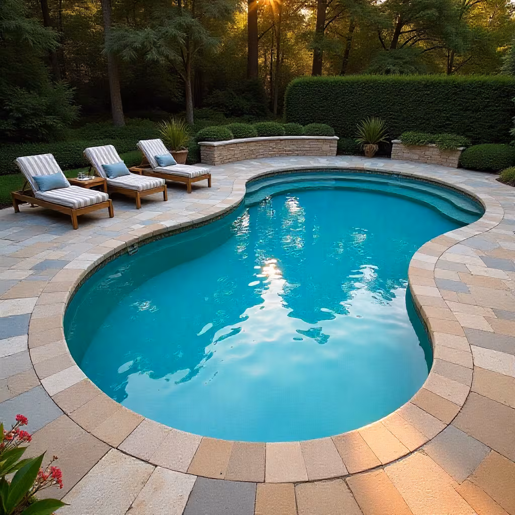 Kidney-shaped pool in a stone patio setting